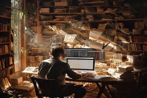 一名创作者坐在书房中用电脑进行小说创作，周围摆放着大量文学书籍与手稿，阳光透过百叶窗洒落，营造出专注创作的复古气息