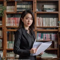 刘晓棠，打屁股小说内容总监，年轻女性，气质干练，手持文稿站在编辑室中，背景是整齐排列的书架，体现专业内容管理能力